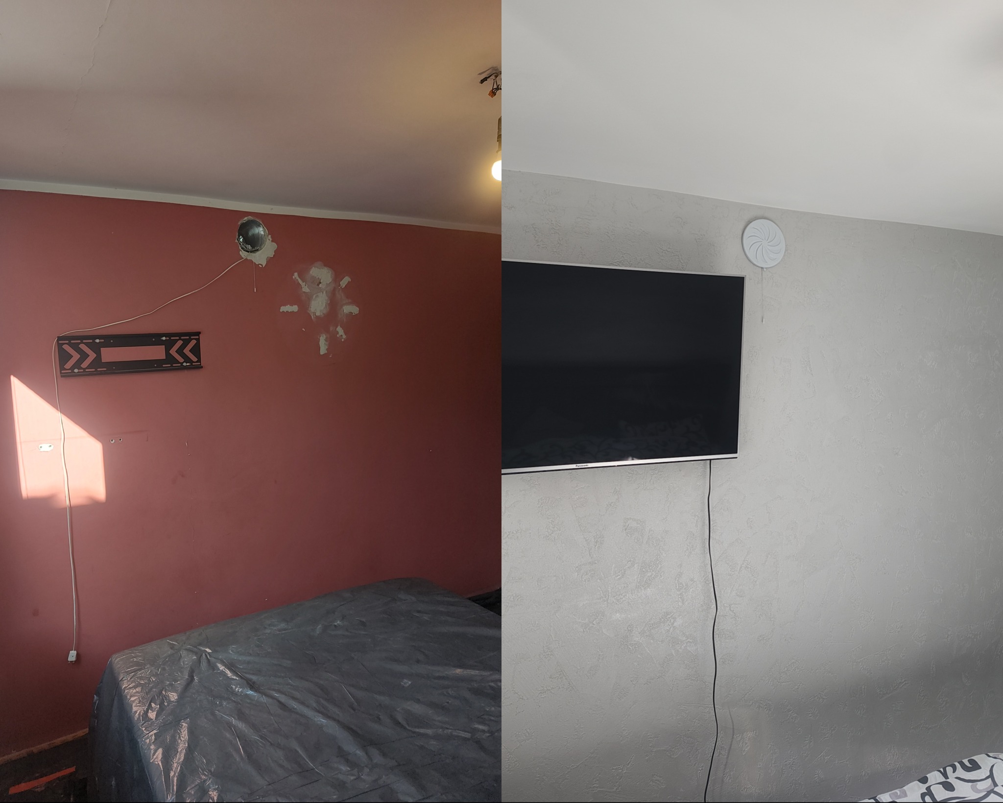 Zdjęcie 'przed i po' remontu pokoju: ściana w kolorze brudnego różu z uchwytem na TV i szpachlowanymi dziurami, a obok ściana szara z telewizorem i ozdobnym wentylatorem.