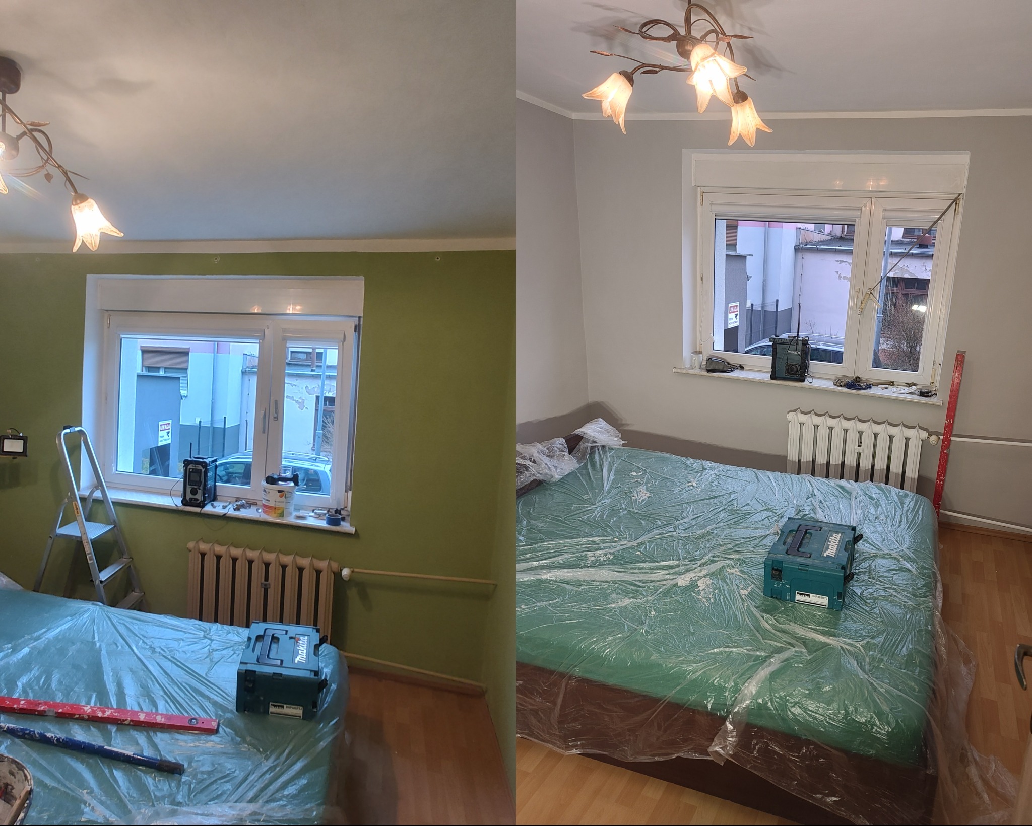 Zdjęcie 'przed i po' malowania pokoju: zielona ściana kontra świeża, szara. Pokój zabezpieczony folią, widoczne narzędzia i grzejnik. Lampa w stylu retro.