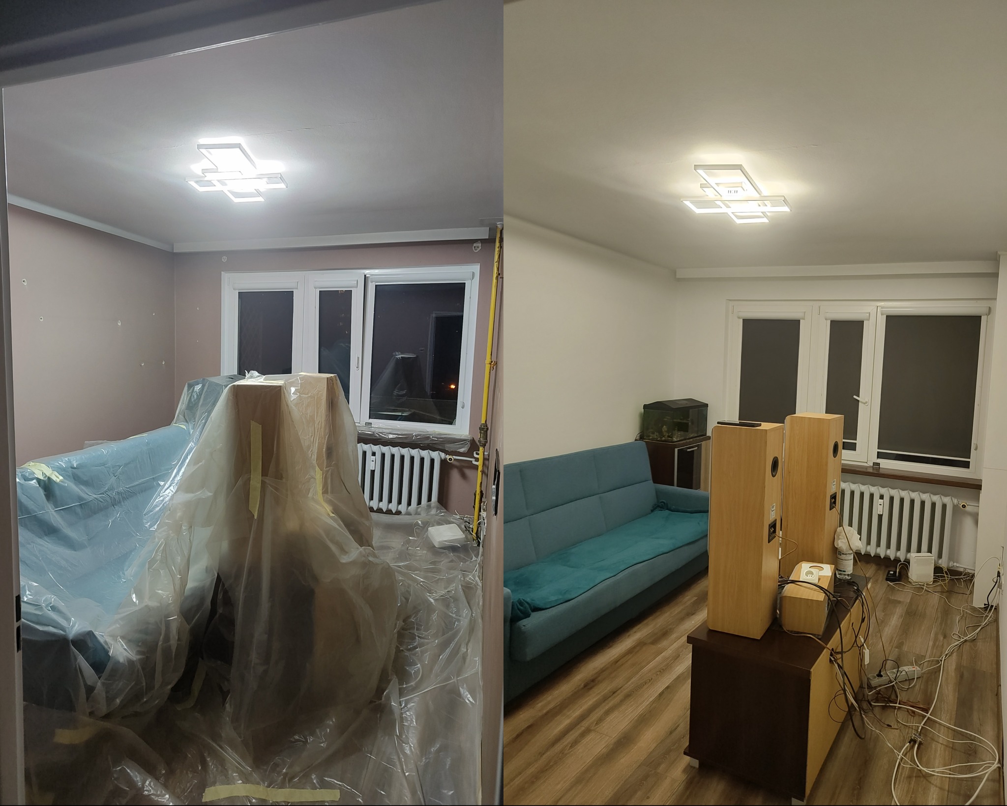 Pokój przed i po malowaniu: po lewej meble zakryte folią, ściany różowe; po prawej ściany białe, meble odsłonięte, nowy parkiet. Widoczna lampa sufitowa.