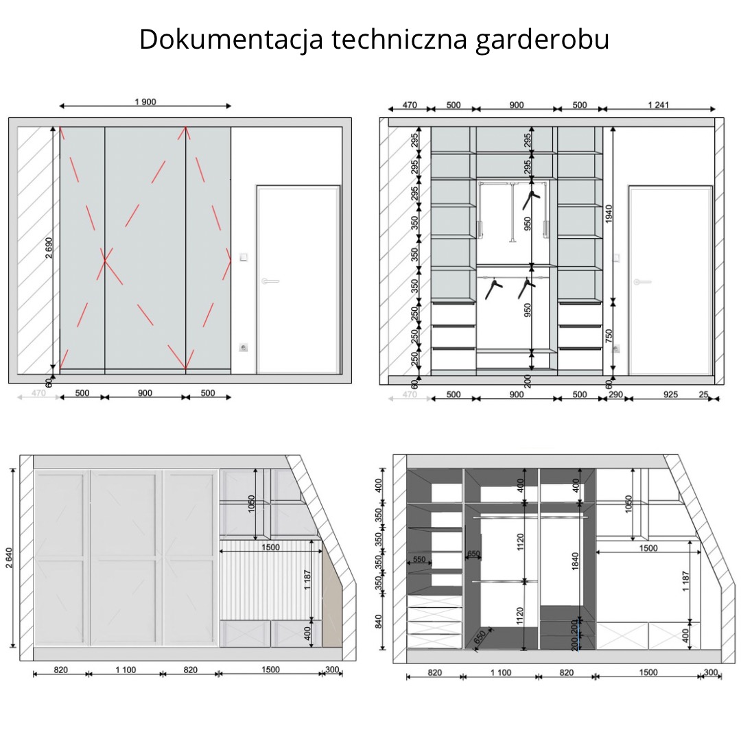 Rzut techniczny garderoby z wymiarami, zawierający przekroje i widoki z przodu, prezentujący szczegółowe rozplanowanie półek, drążków i szuflad.