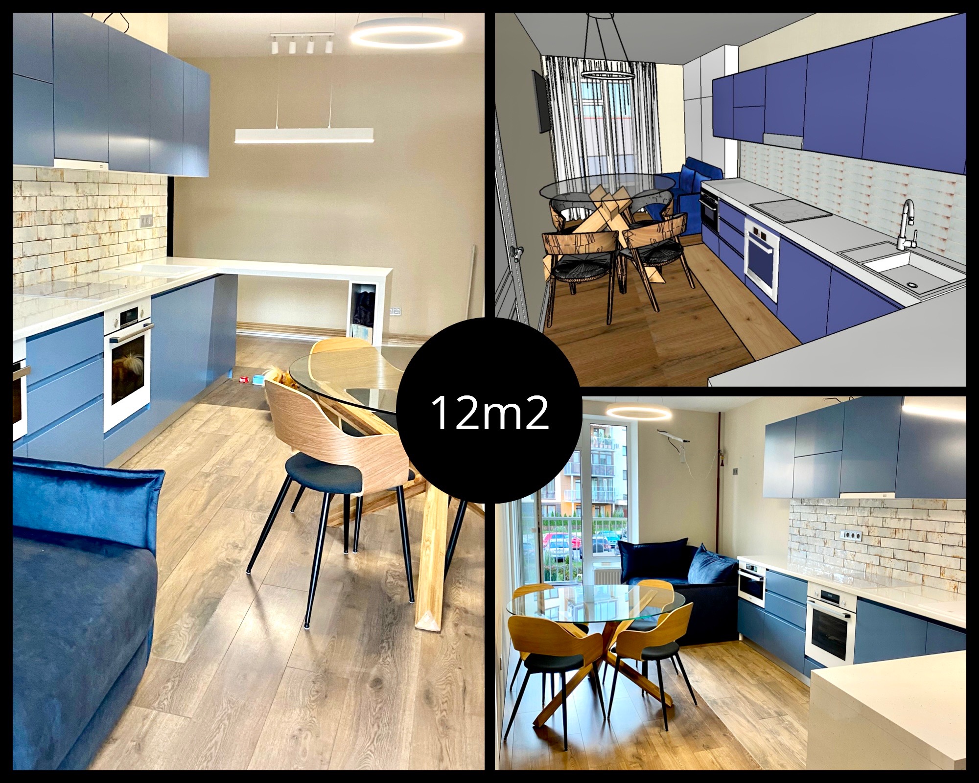 Kolaż przedstawiający projekt kuchni i salonu o powierzchni 12m2 z niebieskimi szafkami kuchennymi, szklanym stołem i drewnianymi krzesłami, w tym wizualizacja 3D.