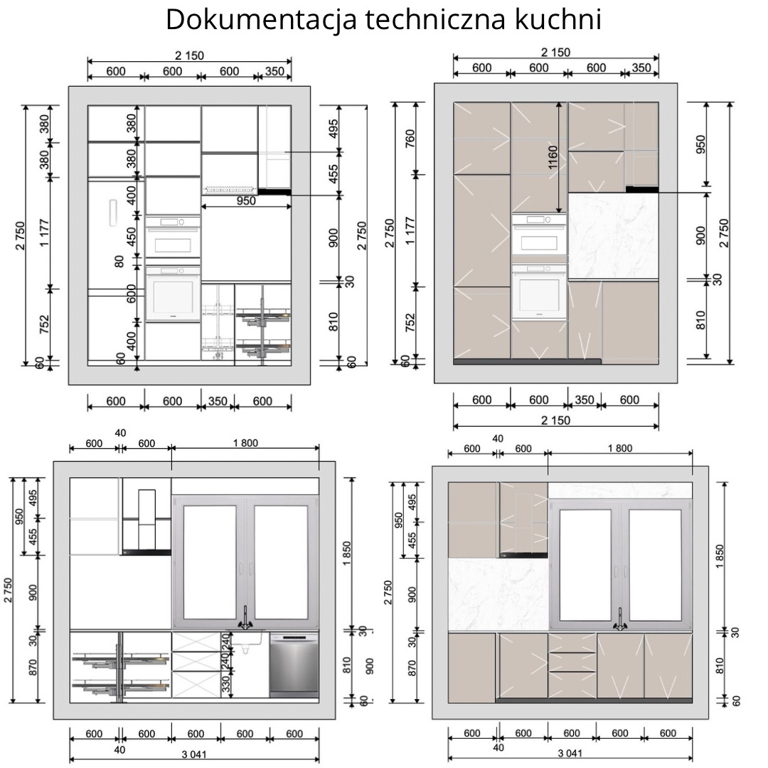 Rzut techniczny kuchni z wymiarami, prezentujący układ szafek, sprzętów AGD i okna w czterech wariantach aranżacyjnych.