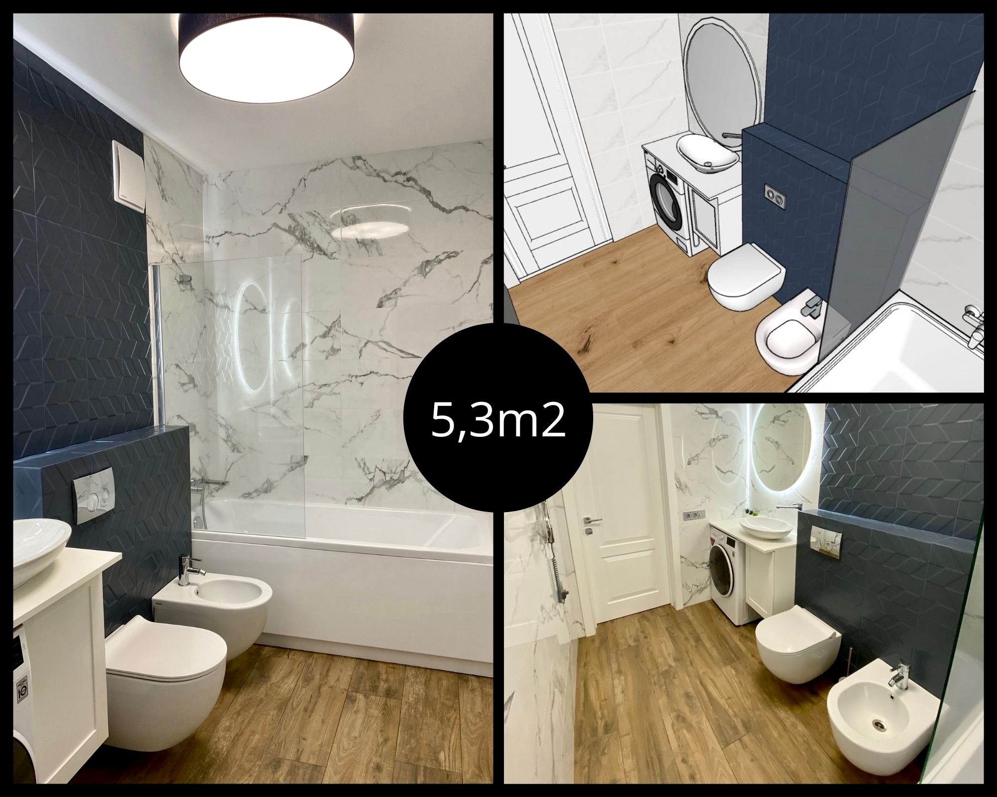 Kolaż prezentujący wizualizację i zdjęcia zrealizowanej łazienki o powierzchni 5,3 m2 z umywalką nablatową, toaletą, bidetem, wanną z parawanem, pralką oraz kombinacją płytek marmurowych i ciemnych...
