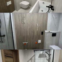 Usługi Remontowo Budowalne Bartłomiej Podliński - Nowoczesna łazienka po remoncie: biała armatura, drewnopodobne płytki, czarne akcenty (grzejnik, bateria). Widoczne przyłącza i instalacje przed ostatecznym wykończeniem.