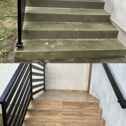 Usługi Remontowo Budowalne Bartłomiej Podliński - Schody zewnętrzne przed i po wyłożeniu płytkami imitującymi drewno. Widoczne czarne metalowe barierki. Porównanie stanu surowego i wykończonego.