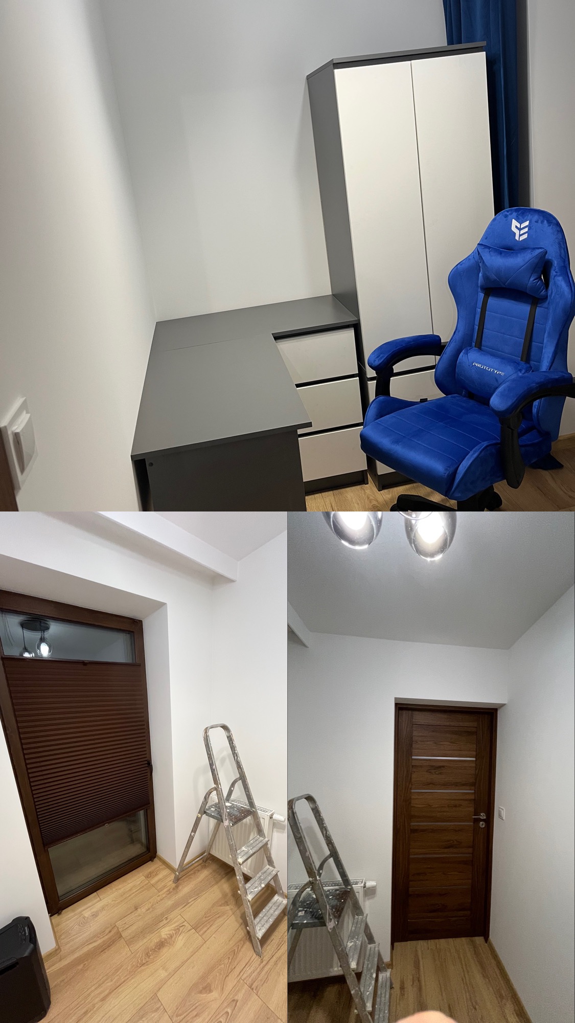 Pokój po remoncie: białe ściany, szare biurko, szafa, niebieski fotel gamingowy. W dolnej części drabina malarska i brązowe drzwi.