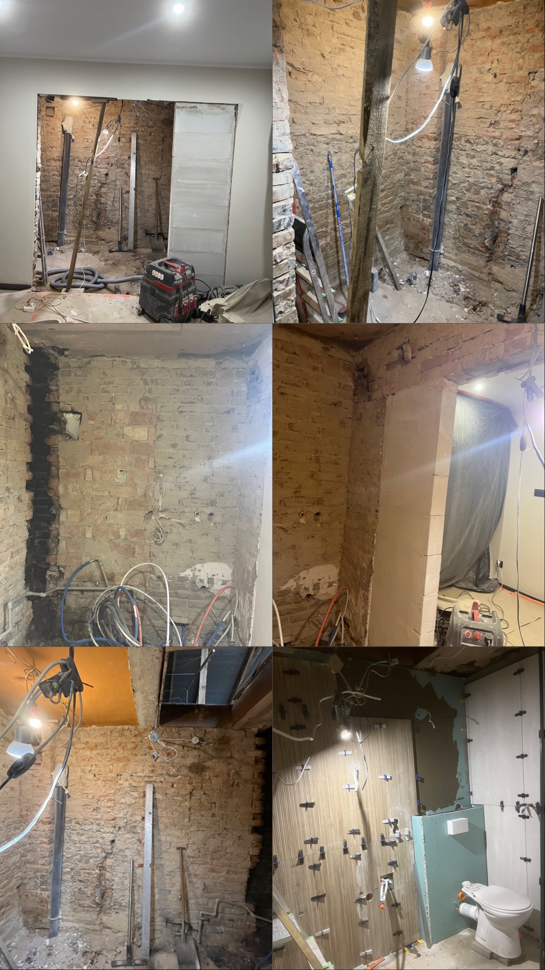 Mozaika zdjęć z remontu: surowe cegły, instalacje, narzędzia, etap prac w łazience z częściowo ułożonymi płytkami i toaletą. Widoczne kable i oświetlenie budowlane.