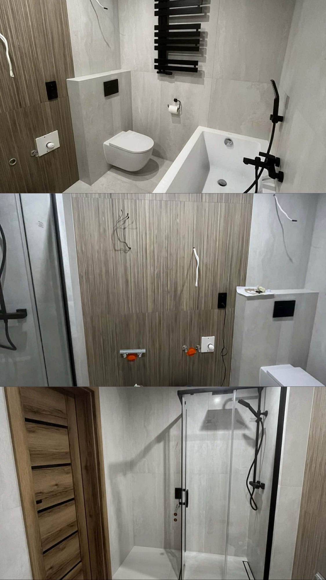 Nowoczesna łazienka po remoncie: biała armatura, drewnopodobne płytki, czarne akcenty (grzejnik, bateria). Widoczne przyłącza i instalacje przed ostatecznym wykończeniem.