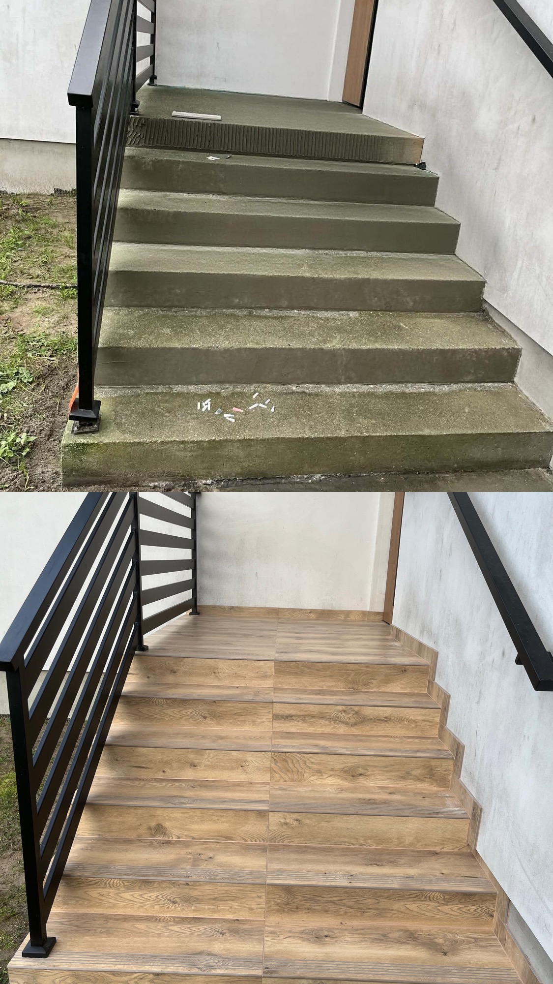 Schody zewnętrzne przed i po wyłożeniu płytkami imitującymi drewno. Widoczne czarne metalowe barierki. Porównanie stanu surowego i wykończonego.