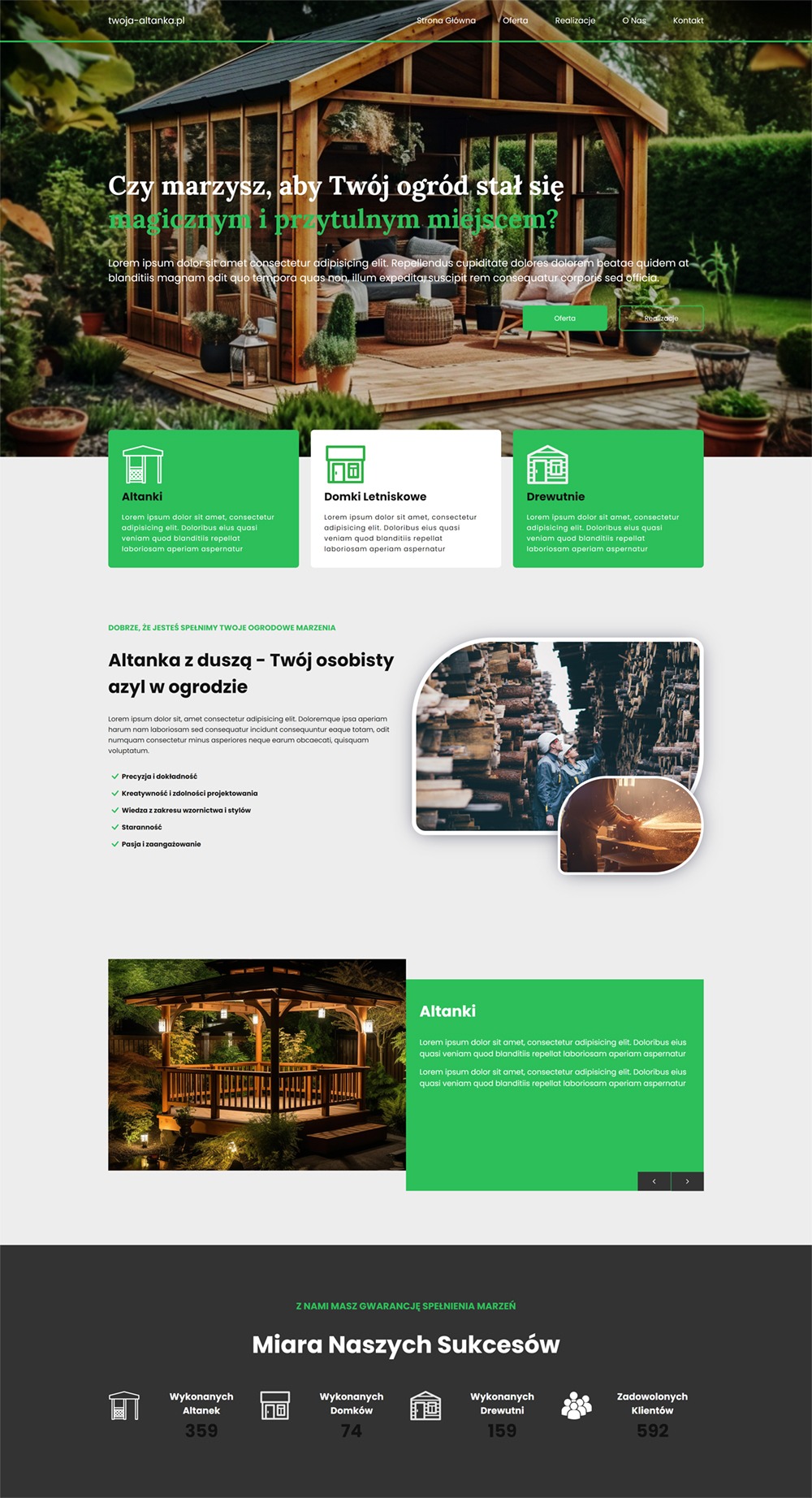 Projekt strony internetowej prezentującej altanki, domki letniskowe i drewutnie, z nagłówkiem pytającym o marzenie o magicznym i przytulnym ogrodzie, oraz sekcją prezentującą altankę z duszą.