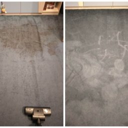 Travel Clean Michał Szatkowski - Dwa ujęcia tego samego dywanu: po lewej z widocznym, ciemnym zabrudzeniem, po prawej po czyszczeniu z widocznymi śladami po odkurzaczu piorącym.