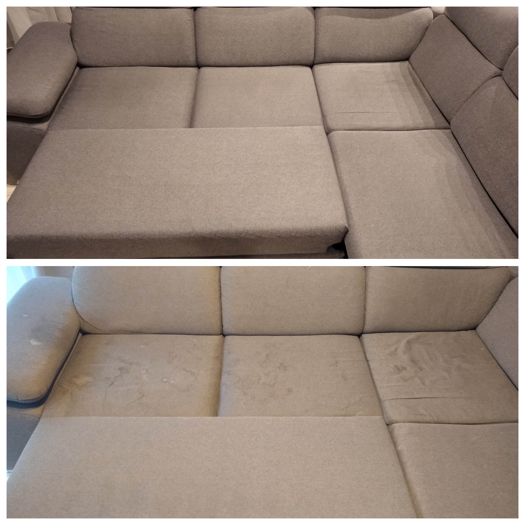 Dwuczęściowe ujęcie narożnika tapicerowanego w odcieniach szarości: górne zdjęcie prezentuje czysty mebel, dolne ukazuje narożnik przed czyszczeniem, z widocznymi plamami i zabrudzeniami...