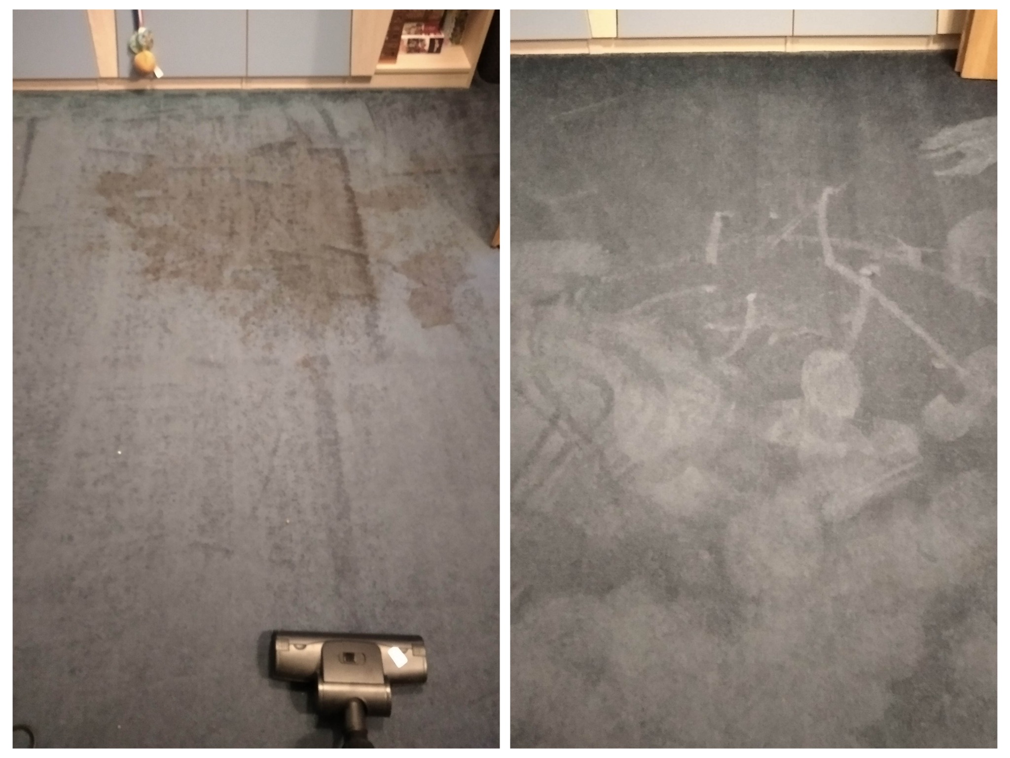 Dwa ujęcia tego samego dywanu: po lewej z widocznym, ciemnym zabrudzeniem, po prawej po czyszczeniu z widocznymi śladami po odkurzaczu piorącym.