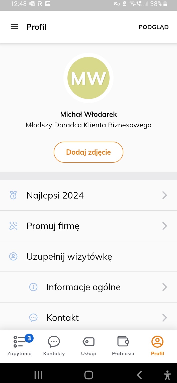 Ekran profilu użytkownika w aplikacji Oferteo, widoczne imię i nazwisko Michał Włodarek, stanowisko Młodszy Doradca Klienta Biznesowego, przycisk Dodaj zdjęcie oraz sekcje Najlepsi 2024, Promuj...
