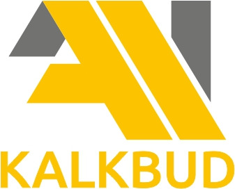 Żółto-szare logo firmy budowlanej KAKLBUD z abstrakcyjnym symbolem dachu i inicjałów w górnej części.