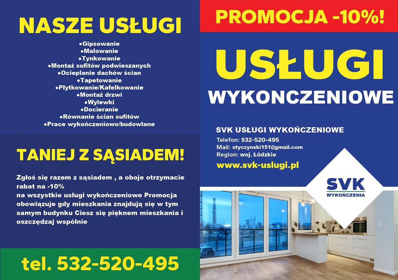Grafika reklamowa firmy SVK Usługi Wykończeniowe z ofertą usług budowlanych i wykończeniowych, promocją dla sąsiadów i zdjęciem wykończonego wnętrza z dużym oknem balkonowym i aneksem kuchennym.