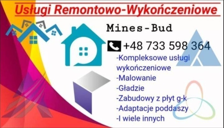 Wizytówka firmy Mines-Bud oferującej usługi remontowo-wykończeniowe, z numerem telefonu i listą usług takich jak malowanie i gładzie, na tle abstrakcyjnych kształtów i ikony domu.