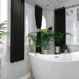 Wizualizacja łazienki w stylu spa z wolnostojącą białą wanną, złotą armaturą, marmurowymi ścianami, czarnymi zasłonami w oknach i licznymi roślinami doniczkowymi tworzącymi relaksujący klimat.