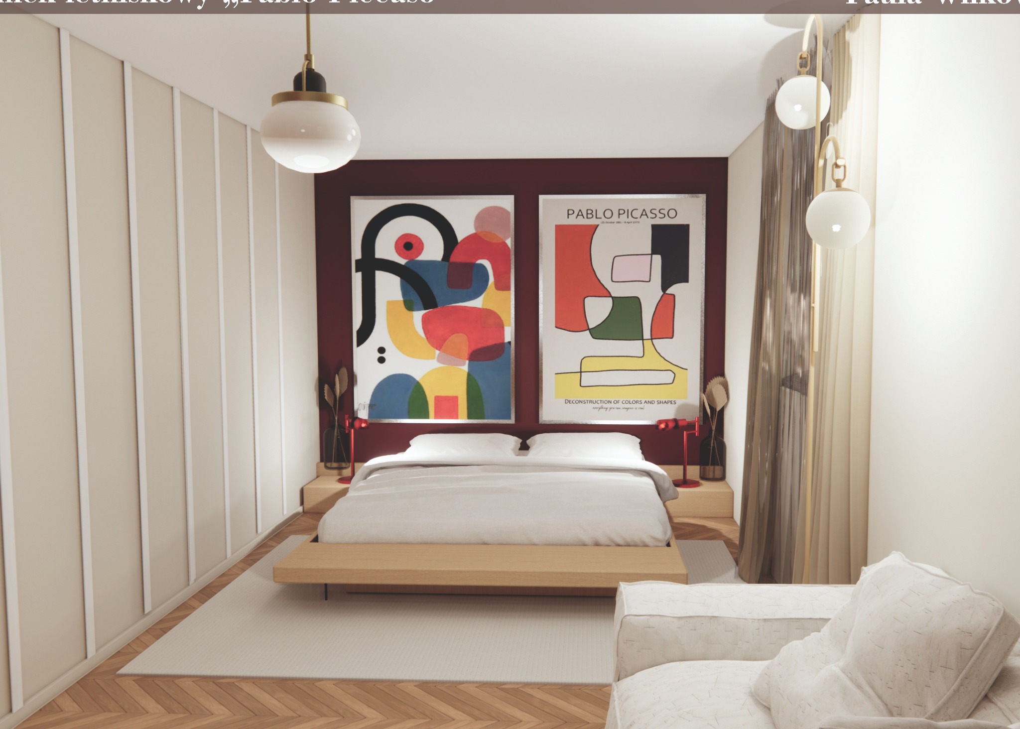 Wizualizacja sypialni z łóżkiem na niskiej platformie, abstrakcyjnymi obrazami Pablo Picasso nad wezgłowiem, drewnianą podłogą w jodełkę i kremowym fotelem.