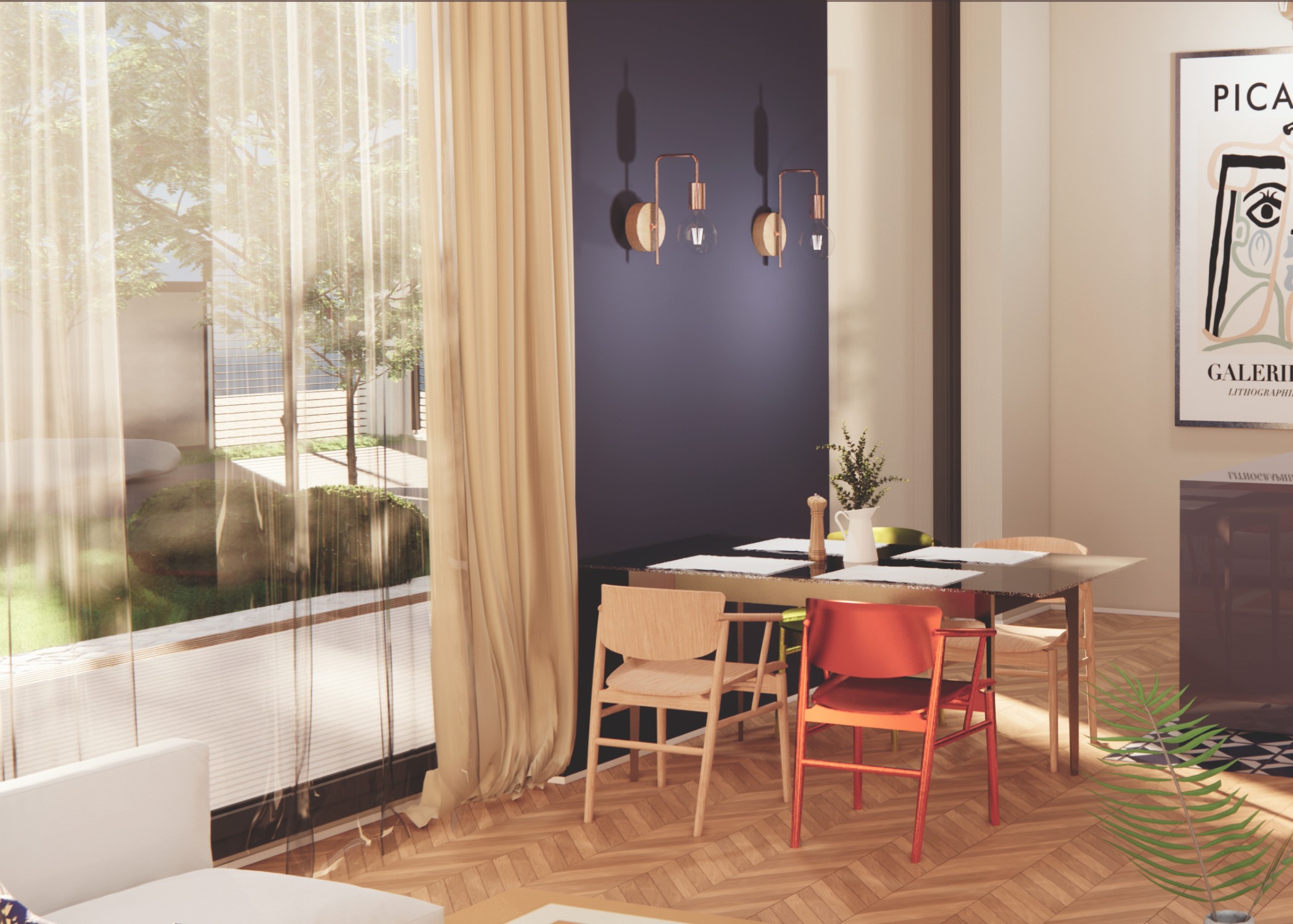 Wizualizacja wnętrza domku letniskowego z dużym oknem, zasłoniętym jasnymi zasłonami, przez które widać zieleń ogrodu. Wnętrze utrzymane w neutralnej kolorystyce z drewnianą podłogą w jodełkę...