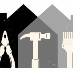 Ikona przedstawiająca domy w odcieniach szarości, z narzędziami: kombinerki, młotek i pędzel malarski.