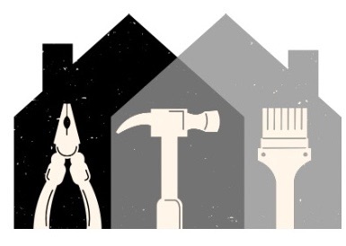 Ikona przedstawiająca domy w odcieniach szarości, z narzędziami: kombinerki, młotek i pędzel malarski.