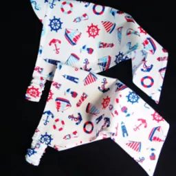 Dwie białe, bawełniane chustki dziecięce z nadrukiem w motywy marynistyczne (kotwice, koła sterowe, boje ratunkowe, latarnie morskie) na czarnym tle.