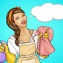 Kobieta w stylu pop-art, w żółtych rękawiczkach i fartuchu, trzymająca różową ściereczkę i spryskiwacz na tle turkusowych pasków.