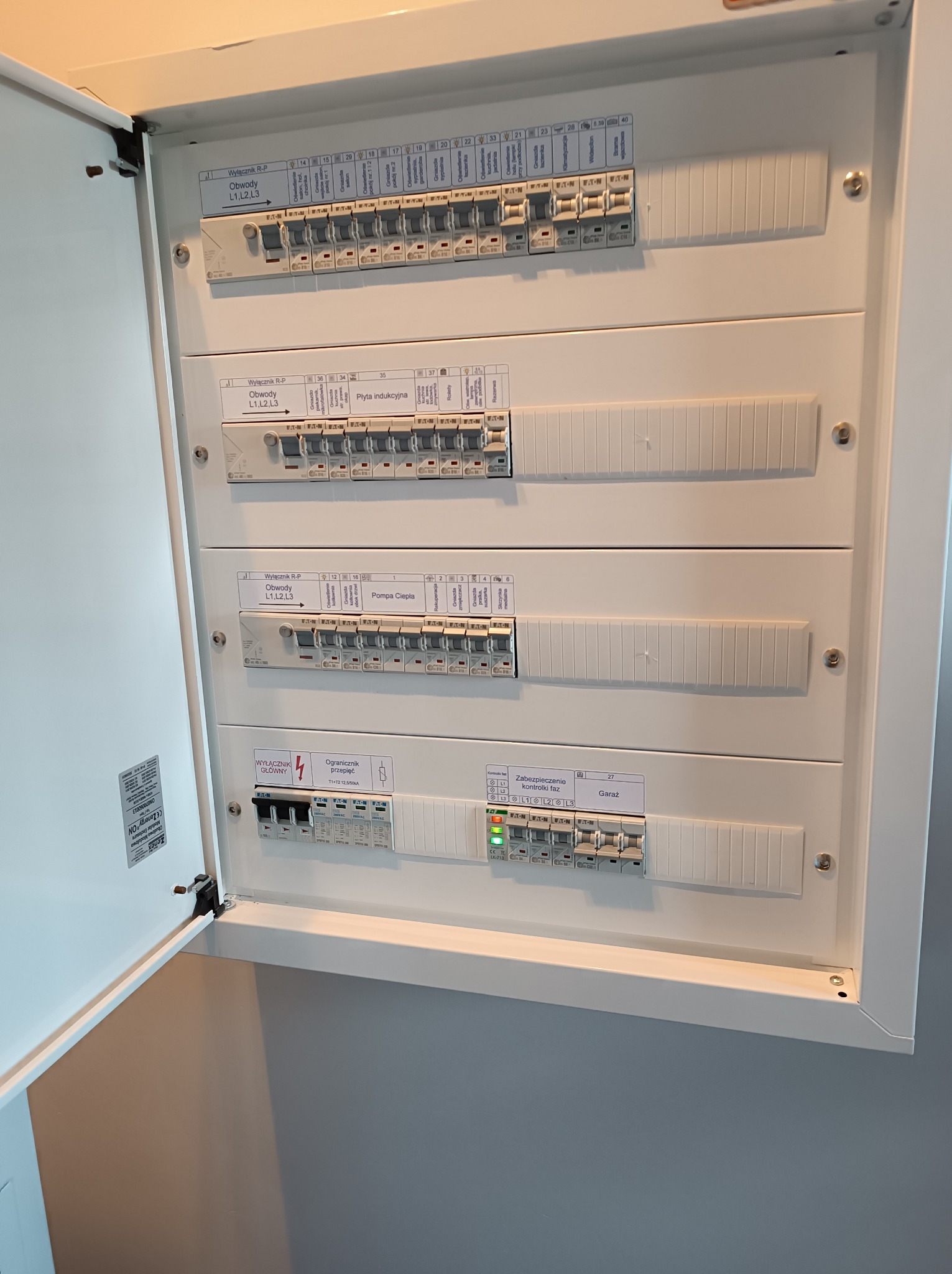 Otwarta, biała skrzynka rozdzielcza z widocznymi bezpiecznikami i wyłącznikami różnicowoprądowymi, opisane obwody: płyta indukcyjna, pompa ciepła, garaż oraz ogólne obwody L1, L2, L3.