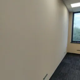 Jasna, świeżo pomalowana ściana w biurze z widocznymi gniazdkami elektrycznymi, ciemna wykładzina dywanowa na podłodze i okno w tle.