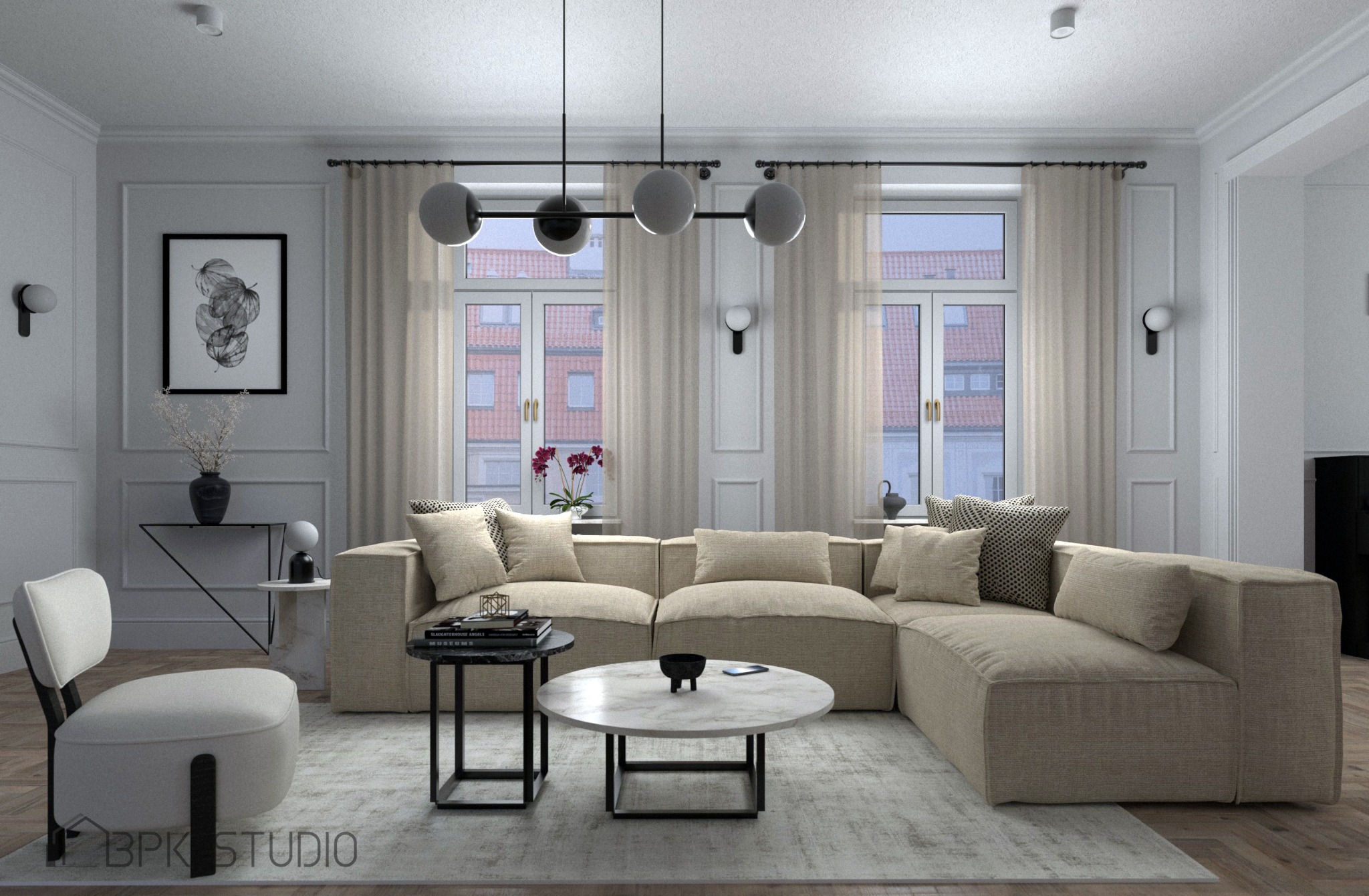 Jasne, przestronne wnętrze salonu z modułową sofą narożną w odcieniach beżu, okrągłymi stolikami kawowymi z marmurowymi blatami i minimalistyczną lampą sufitową z kulistymi kloszami. Za sofą...