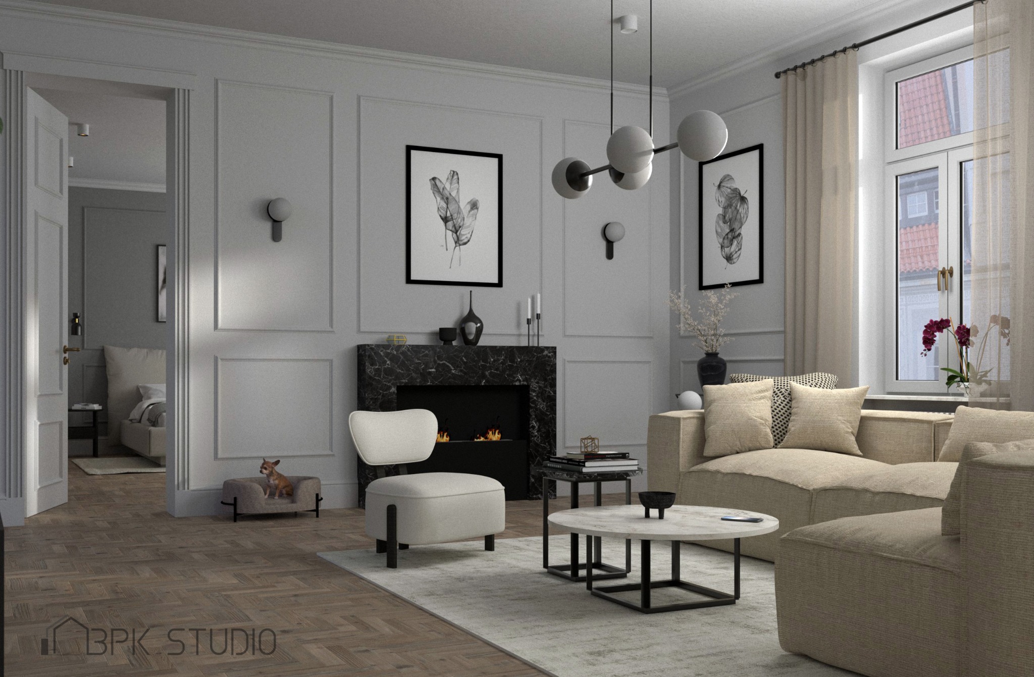 Elegancki salon w stonowanej kolorystyce z kominkiem z czarnego marmuru, minimalistycznym oświetleniem i psem rasy chihuahua siedzącym w legowisku w tle.