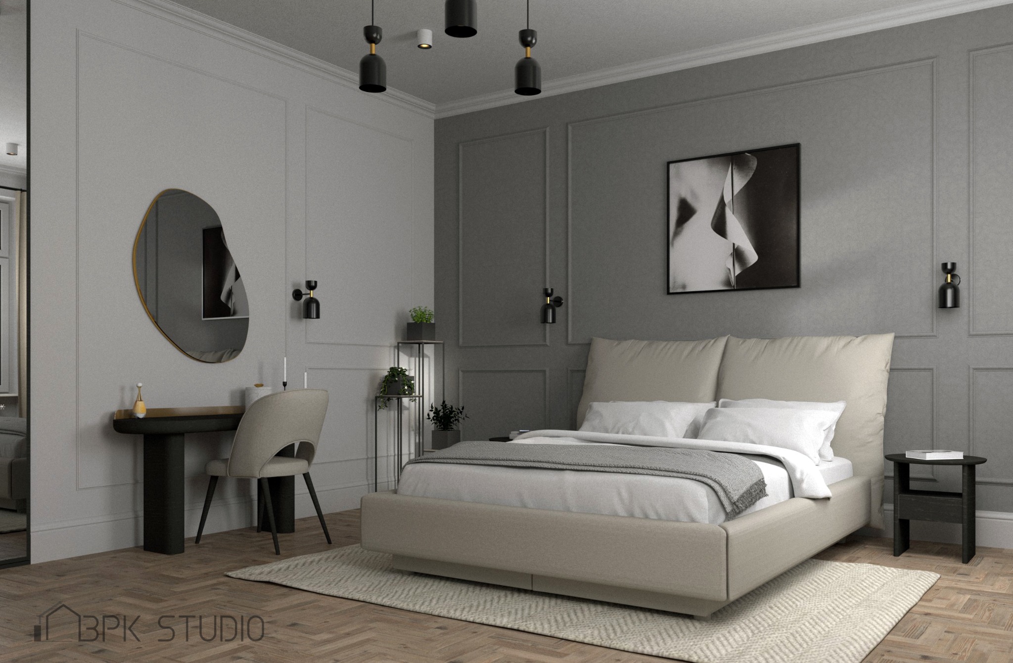 Neutralna sypialnia z łóżkiem kontynentalnym, asymetrycznym lustrem, toaletką i grafiką na ścianie z szarymi panelami dekoracyjnymi.