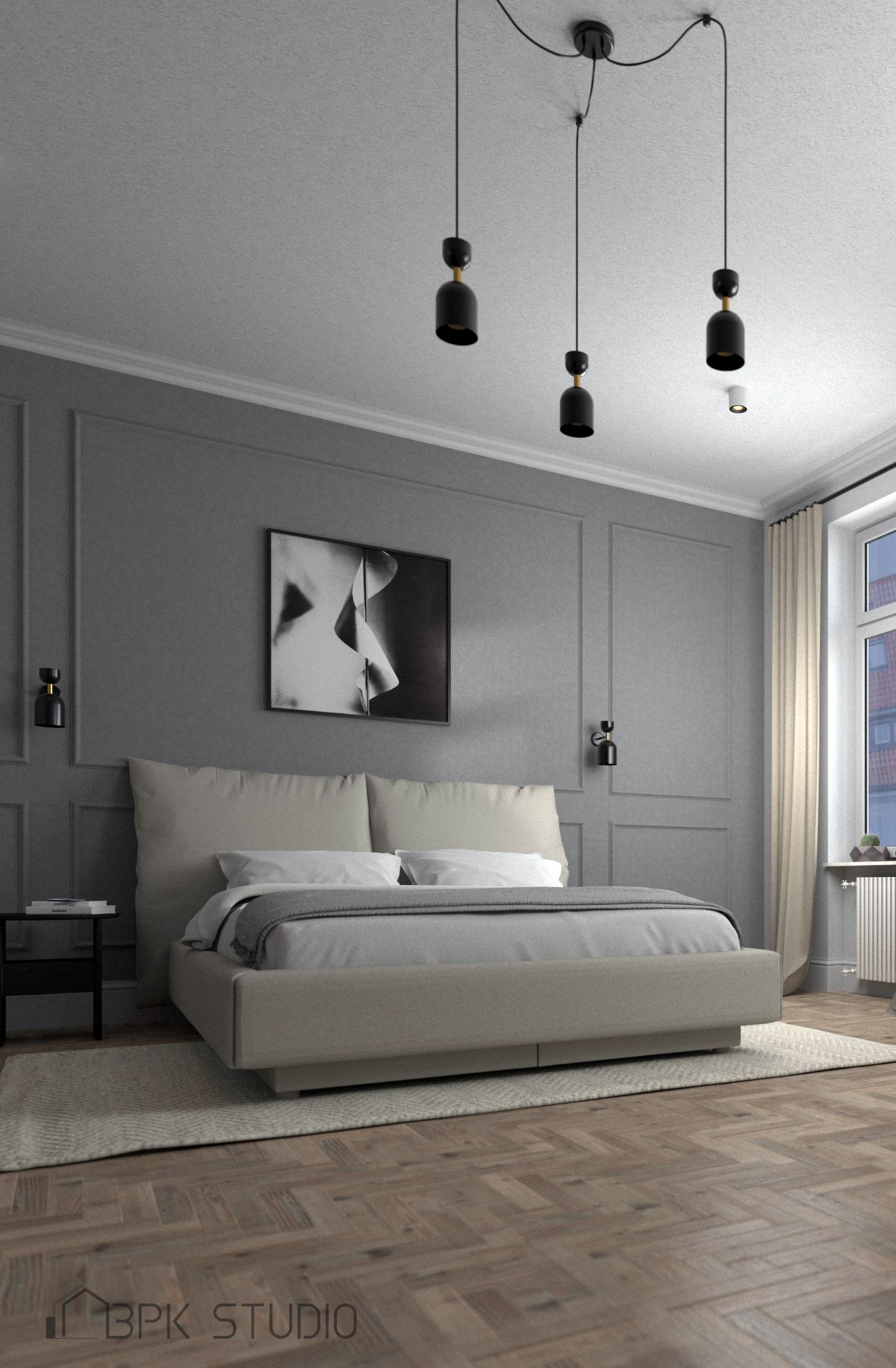 Elegancka sypialnia w odcieniach szarości z drewnianą podłogą w jodełkę, minimalistycznym łóżkiem z beżowym zagłówkiem, trzema czarnymi lampami wiszącymi i abstrakcyjnym obrazem na ścianie.