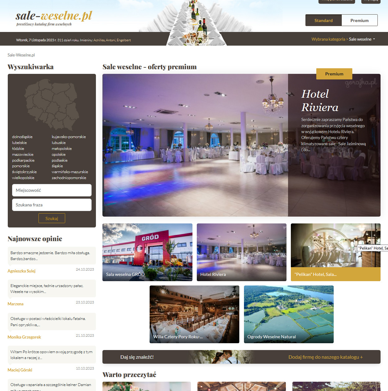 Strona internetowa katalogu firm weselnych sale-weselne.pl z wyszukiwarką województw, ofertami premium hoteli Riviera i Sala weselna GRÓD oraz najnowszymi opiniami użytkowników.