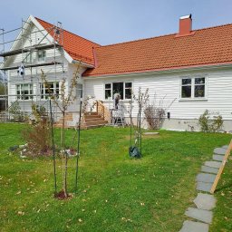 RENOWA BYGG MAGIERA - Prace malarskie na elewacji domu jednorodzinnego z pomalowaną na biało deską elewacyjną, widoczne rusztowanie i drabina przy oknie, na pierwszym planie trawnik z młodymi drzewkami.