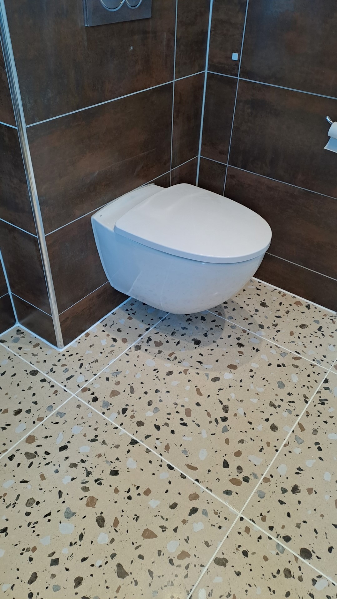 Nowoczesna toaleta podwieszana w łazience z brązowymi płytkami ściennymi i posadzką z lastryko w odcieniach beżu i brązu.