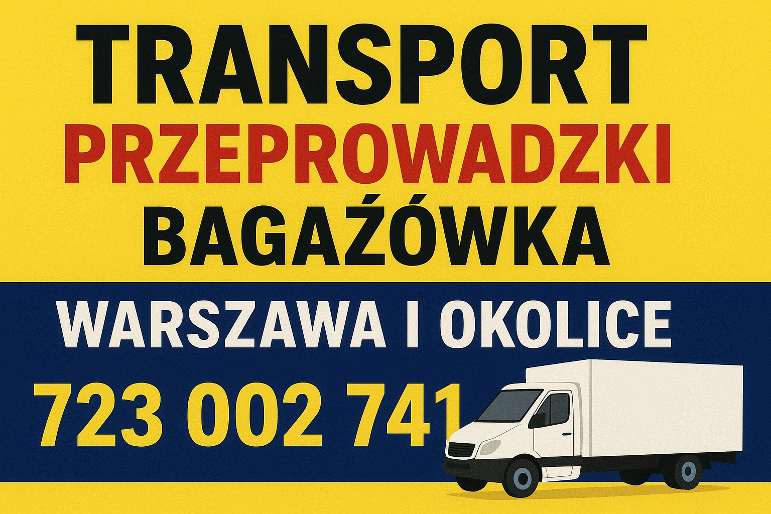 Grafika reklamowa: Transport, Przeprowadzki, Bagażówka Warszawa i okolice, numer telefonu oraz biały samochód dostawczy na żółto-granatowym tle.
