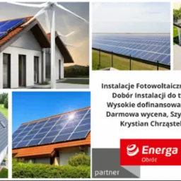 Kompozycja zdjęć: dom z panelami słonecznymi i turbinami wiatrowymi, duża farma paneli słonecznych, carport z panelami słonecznymi i samochodami, dom z panelami słonecznymi na dachu, dom z panelami...