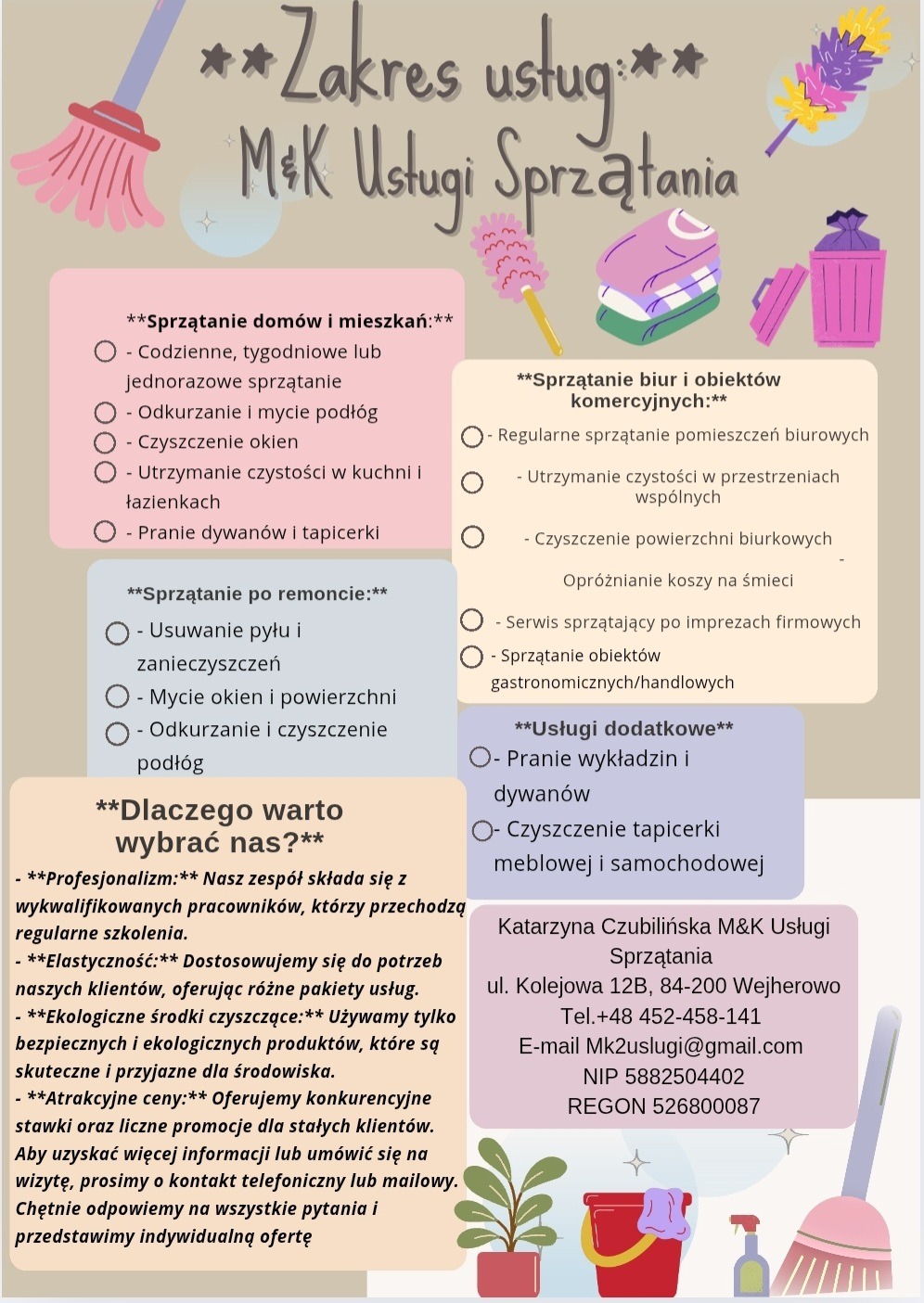 Grafika reklamowa firmy sprzątającej M&K Usługi Sprzątania, prezentująca zakres usług: sprzątanie domów i mieszkań, sprzątanie biur, sprzątanie po remoncie oraz usługi dodatkowe takie jak pranie...