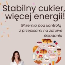 Zdrowejagodowe JAGODA DOMAGAŁA - Okładka książki 'Stabilny cukier, więcej energii!' z ilustracjami zdrowych śniadań i wizerunkiem dietetyk Jagody Domagały.
