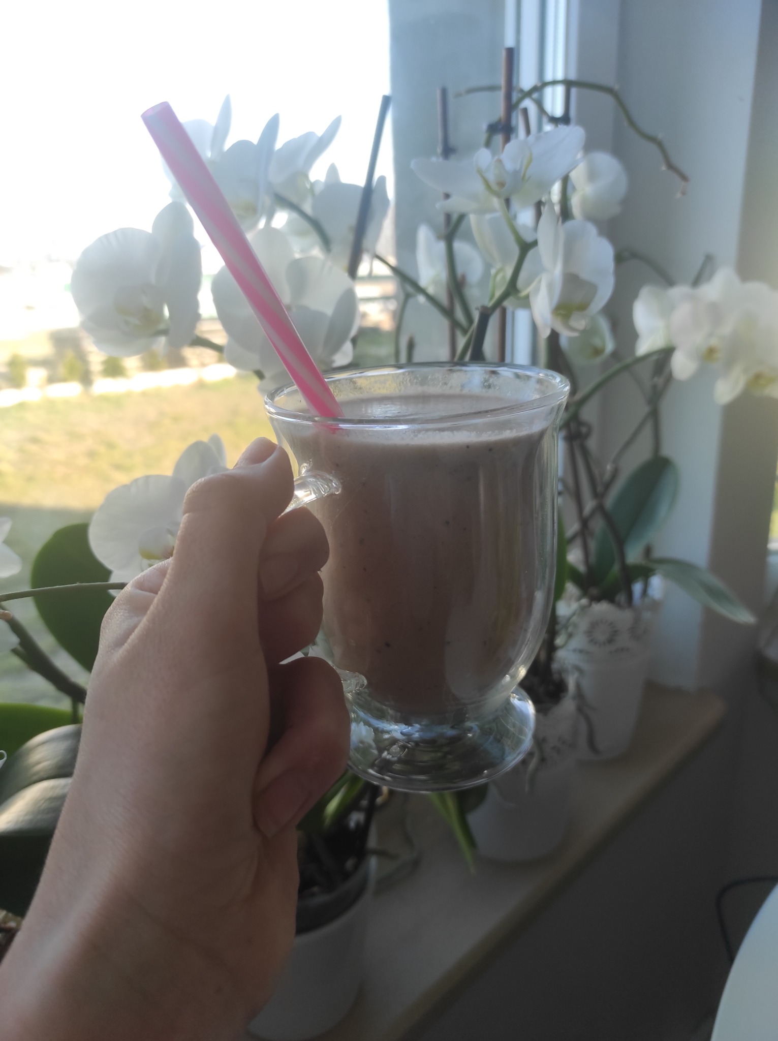 Ręka trzyma szklankę z brązowym smoothie i różową słomką na tle okna z białymi orchideami.