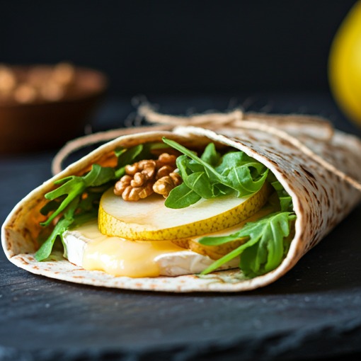 Tortilla wrap z serem brie, gruszką, orzechami włoskimi i rukolą, zawinięta sznurkiem na ciemnym tle.