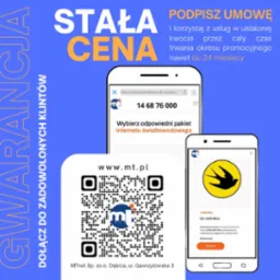 Promocja pakietu internetu światłowodowego: telefony z otwartą stroną oferty, kod QR do strony www.mt.pl, jaskółka jako symbol szybkości łącza.