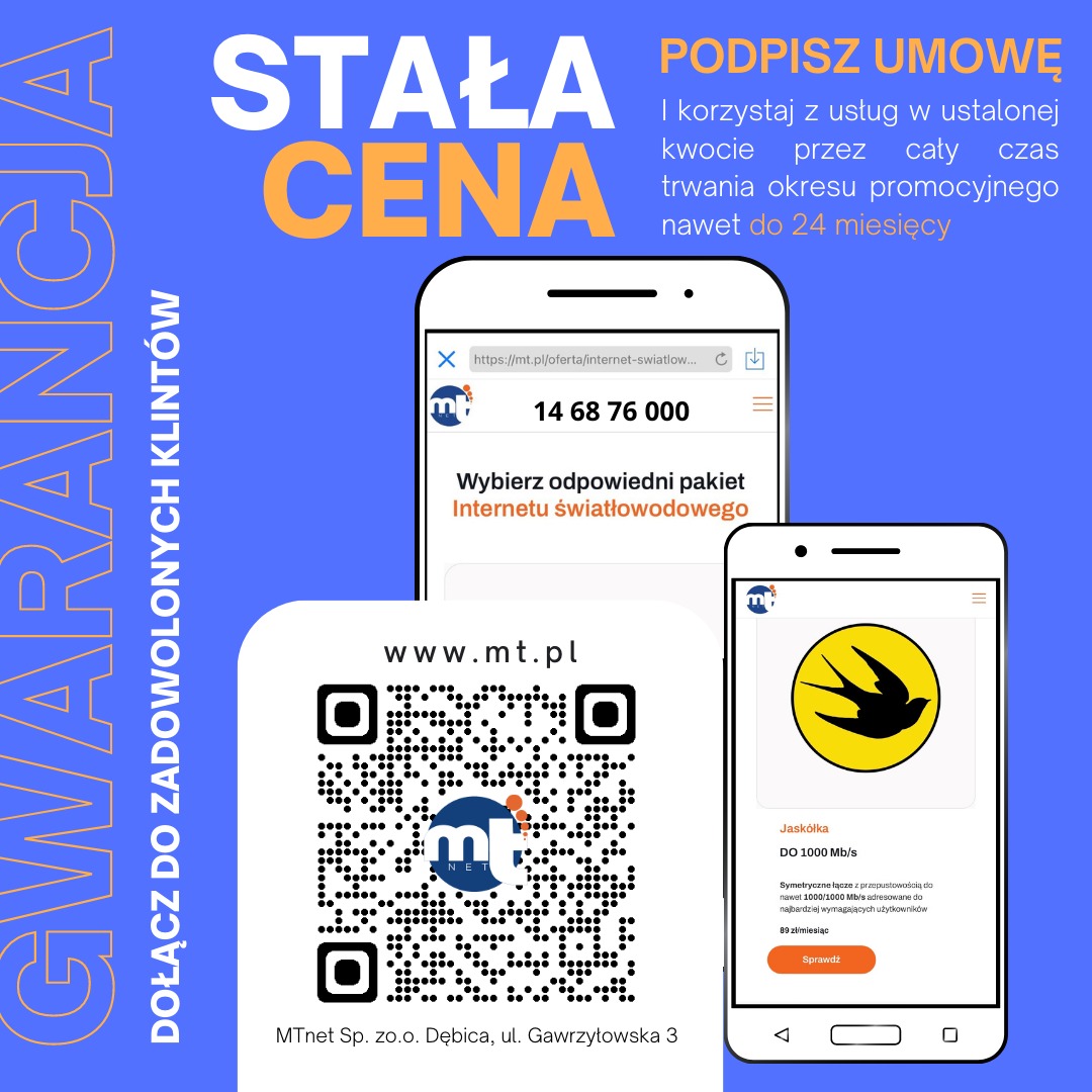 Promocja pakietu internetu światłowodowego: telefony z otwartą stroną oferty, kod QR do strony www.mt.pl, jaskółka jako symbol szybkości łącza.