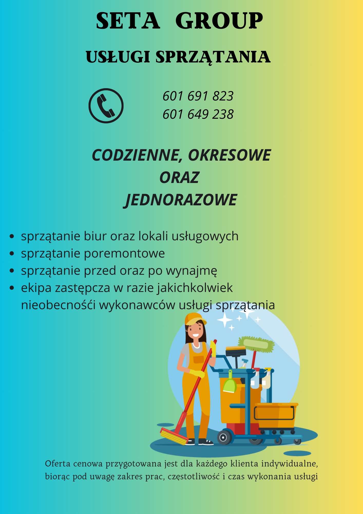 Grafika reklamowa firmy sprzątającej Seta Group, oferującej usługi codzienne, okresowe i jednorazowe, w tym sprzątanie biur, po remontach i przed/po wynajmie. Ilustracja przedstawia uśmiechniętą...
