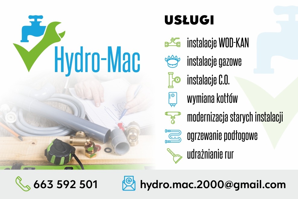 Wizytówka firmy Hydro-Mac oferującej usługi instalacyjne: WOD-KAN, gazowe, C.O., wymianę kotłów, modernizację, ogrzewanie podłogowe i udrażnianie rur. Na pierwszym planie rury, złączki i miara...