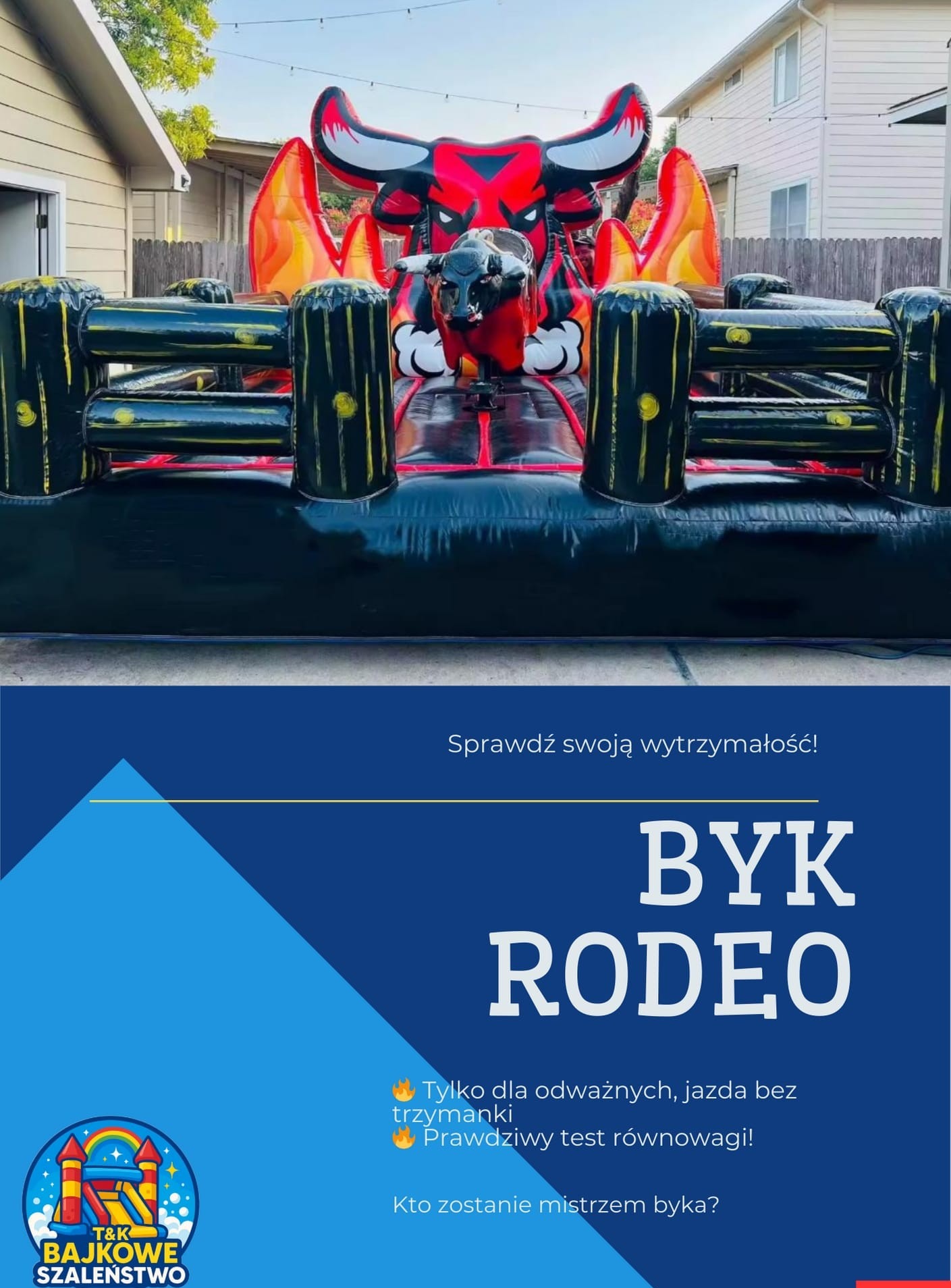 Dmuchańce: Atrakcja rodeo byk z czarno-czerwonym bykiem i płomieniami, otoczona czarnymi, dmuchanymi barierami. Reklama z hasłem 'Sprawdź swoją wytrzymałość!'
