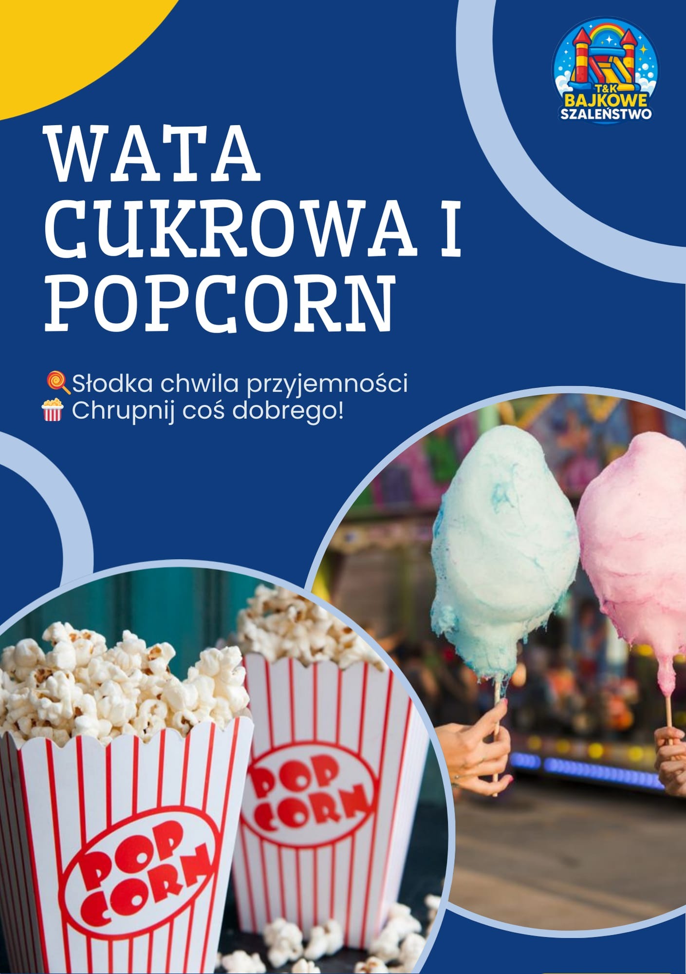 Grafika reklamowa: wata cukrowa i popcorn w paski, z logo 'Bajkowe Szaleństwo'. Słodka chwila przyjemności, chrupnij coś dobrego! Idealne na imprezy.