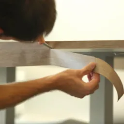 Przycinanie nożem okleiny meblowej na krawędzi blatu stołu, widoczne dłonie i fragment twarzy pracownika.